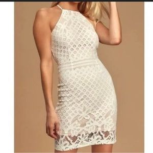 Lulus Steal A Kiss Nude & White Lace Open back mini bodycon dress, new